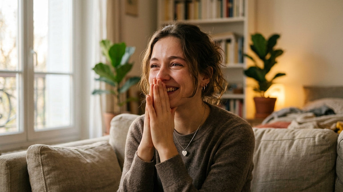 Jeune femme émue portant un collier fin avec pendentif cœur en acier Image