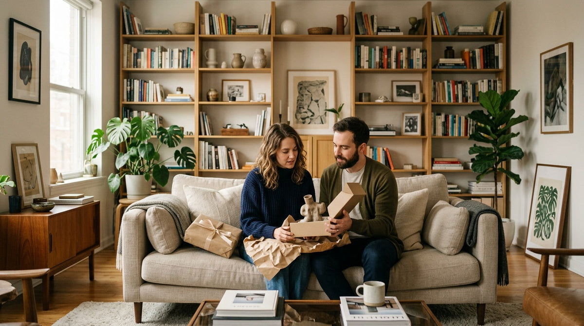 Appartement de couple déjà équipé, étagères pleines, ambiance douce et lumineuse Image