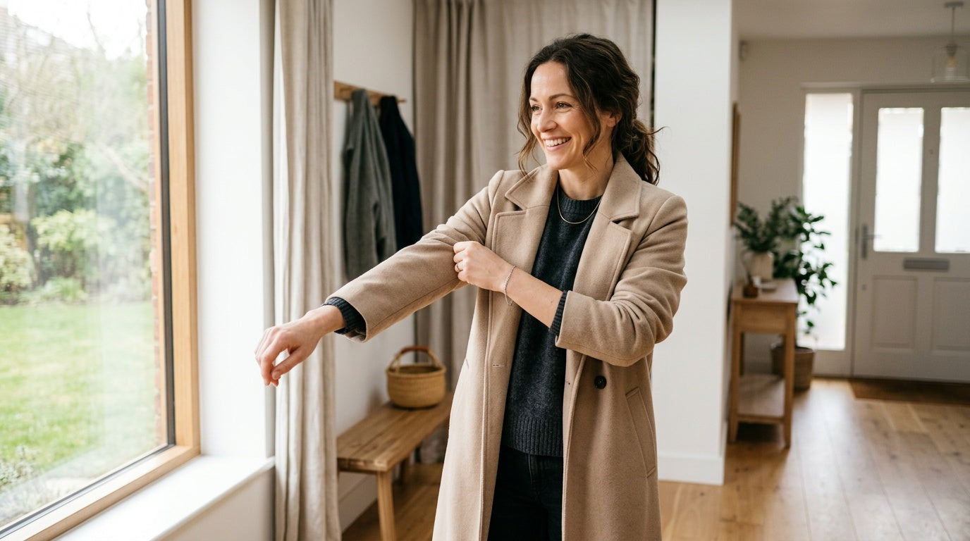 Femme enfilant un manteau, portant un bracelet fin en acier et un collier discret