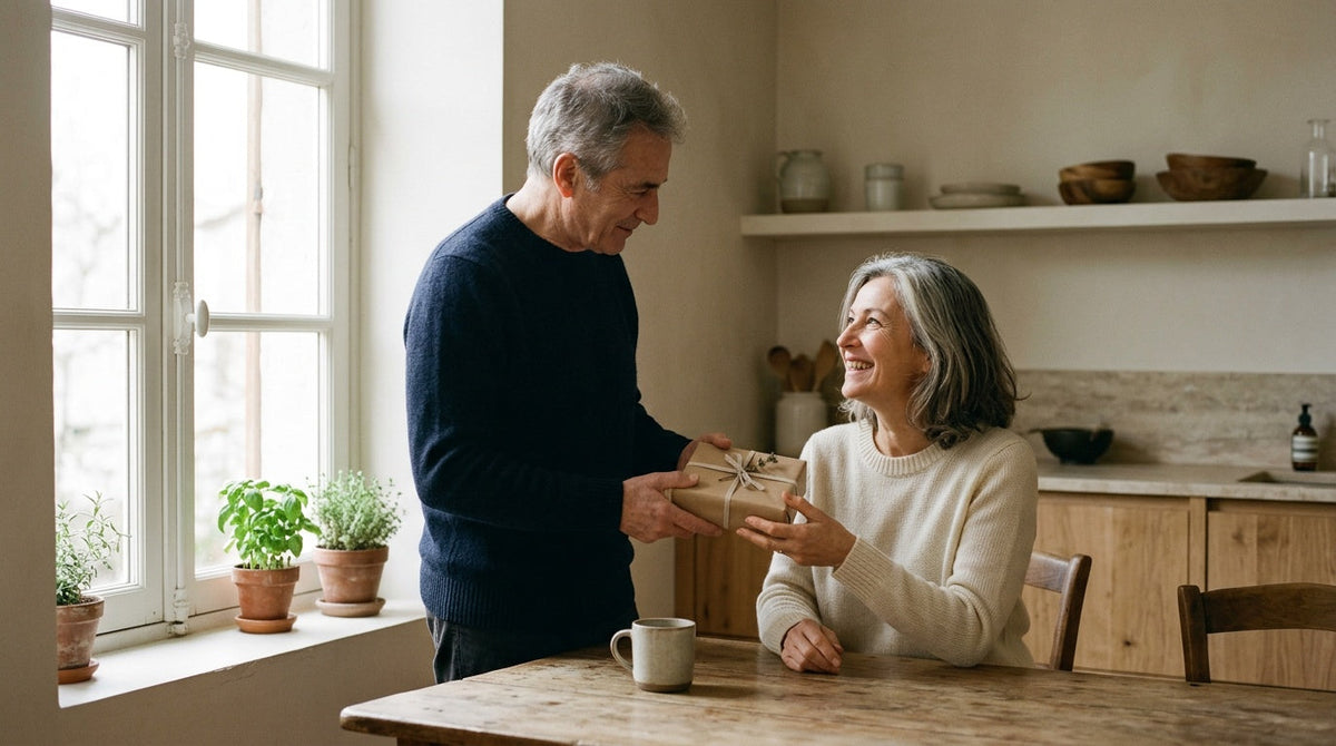 Homme tendant un petit paquet cadeau a sa partenaire dans une cuisine, lumiere du matin