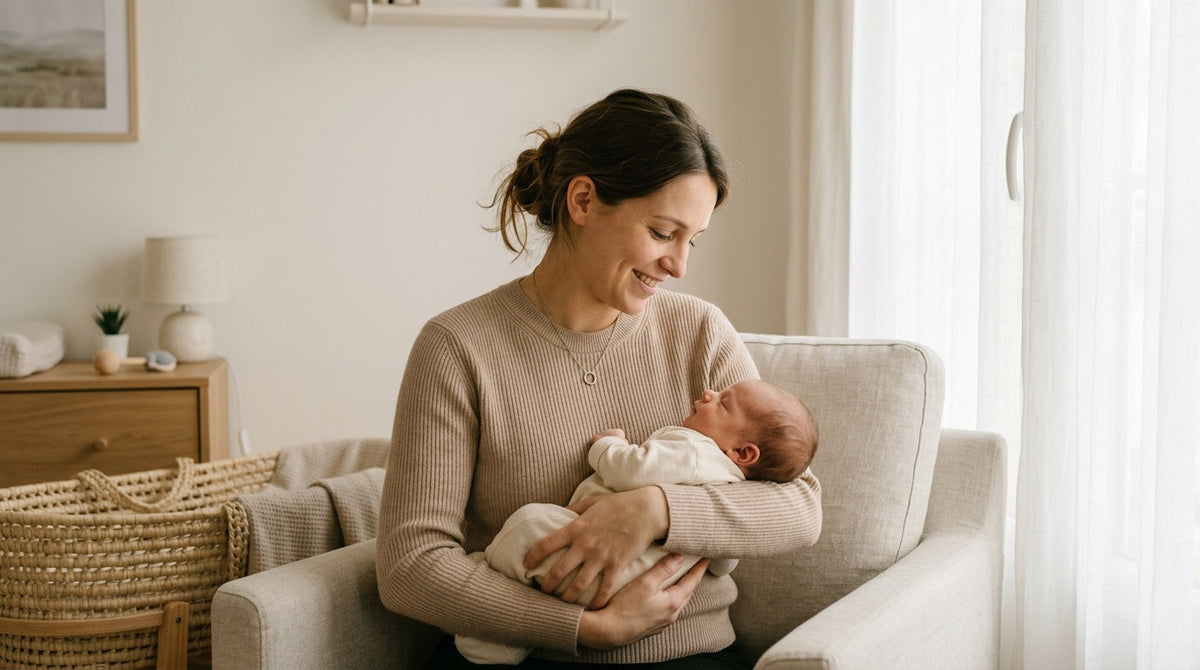 Jeune maman tenant son nouveau-né, portant un collier fin en acier Image