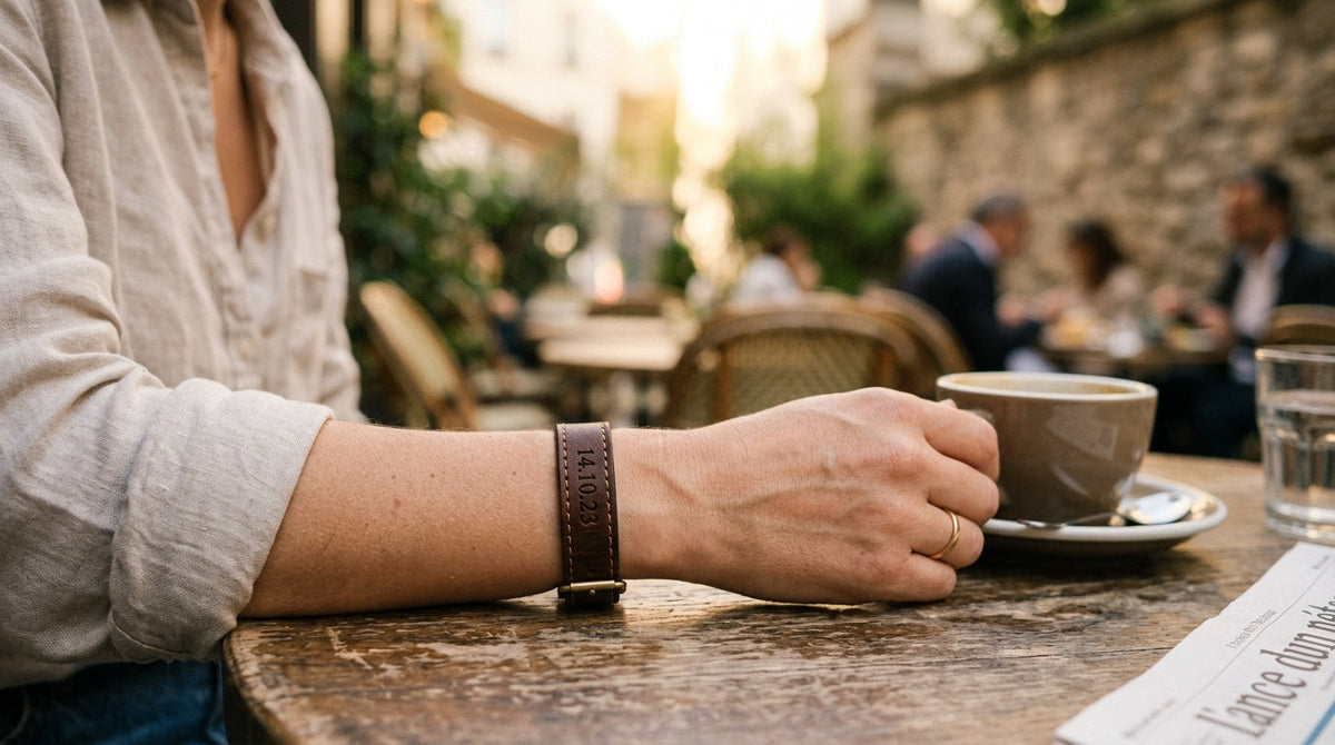 Main portant un bracelet en cuir, lieu de rencontre évoqué en arrière-plan