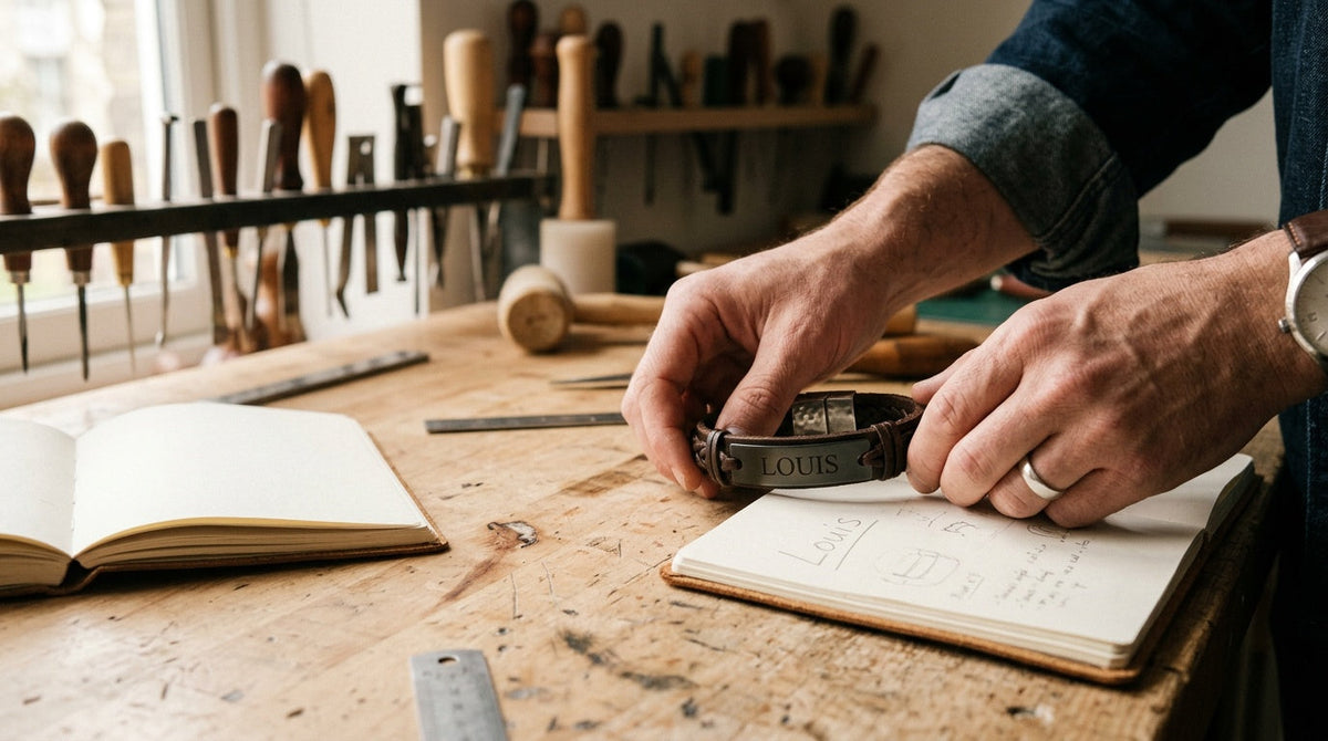 Mains posant un bracelet cuir personnalisé homme sur un établi, gravure d'un prénom en cours de choix Image