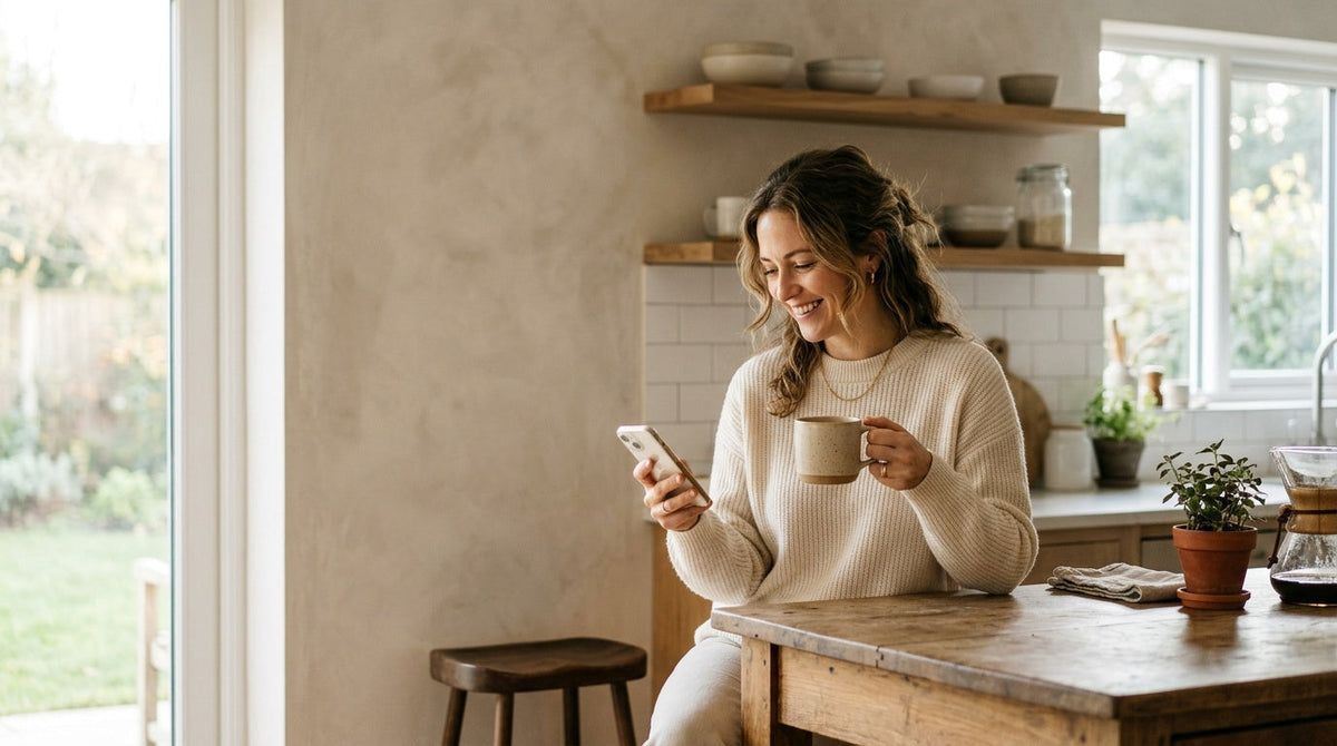 Femme dans sa cuisine le matin, souriant en lisant un message sur son téléphone, tasse de café à la main Image