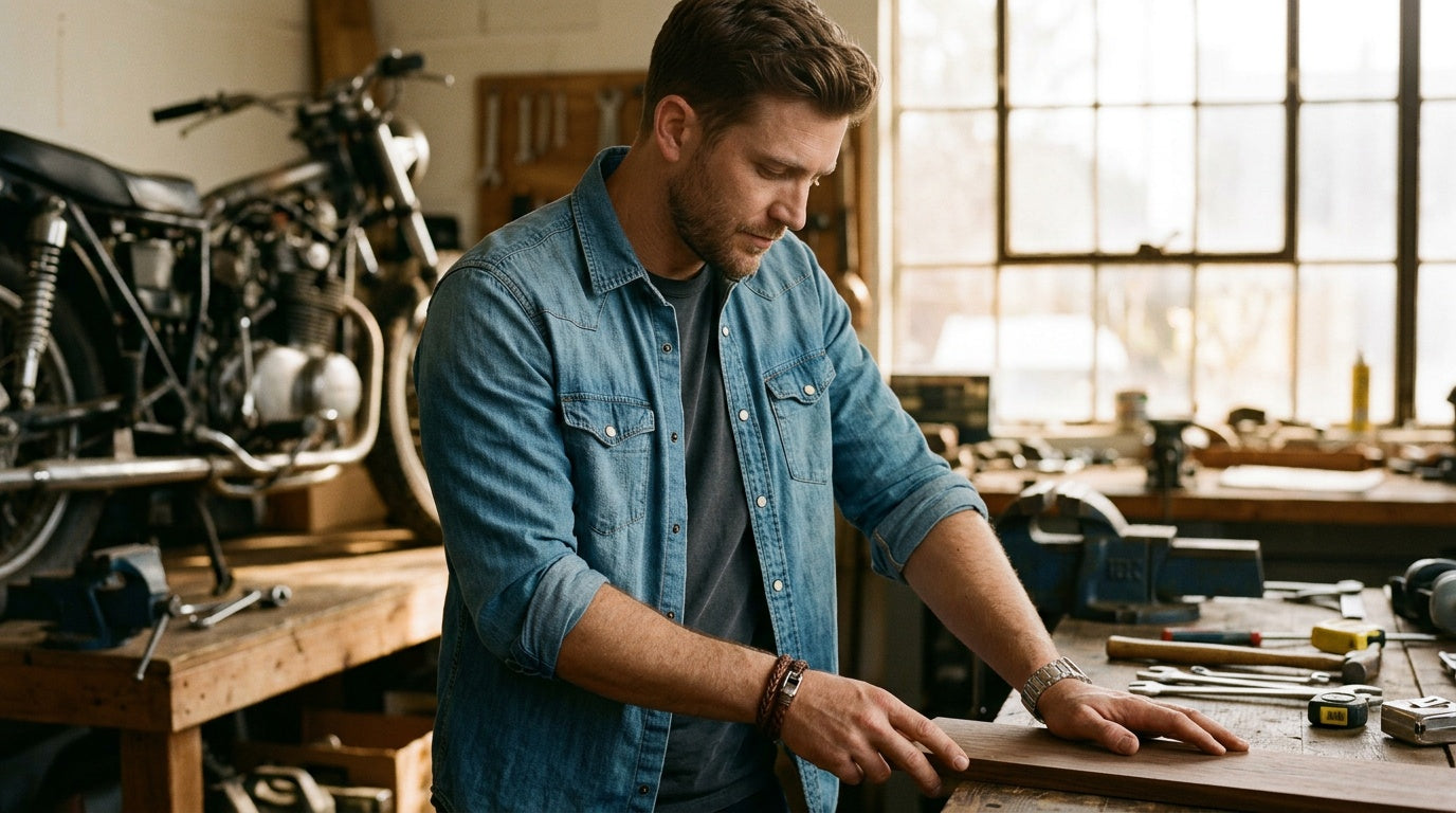 Homme portant un bracelet en cuir tressé et un bracelet en acier inoxydable pour comparaison