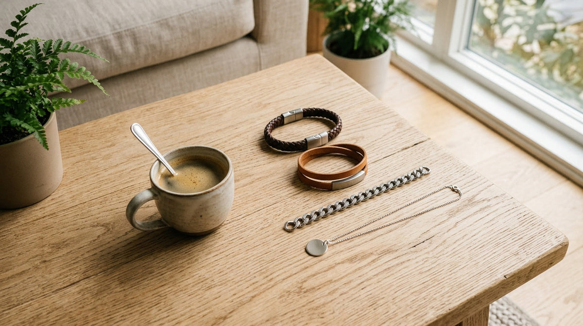 Bijoux personnalisés en cuir et en acier posés sur une table en bois clair Image