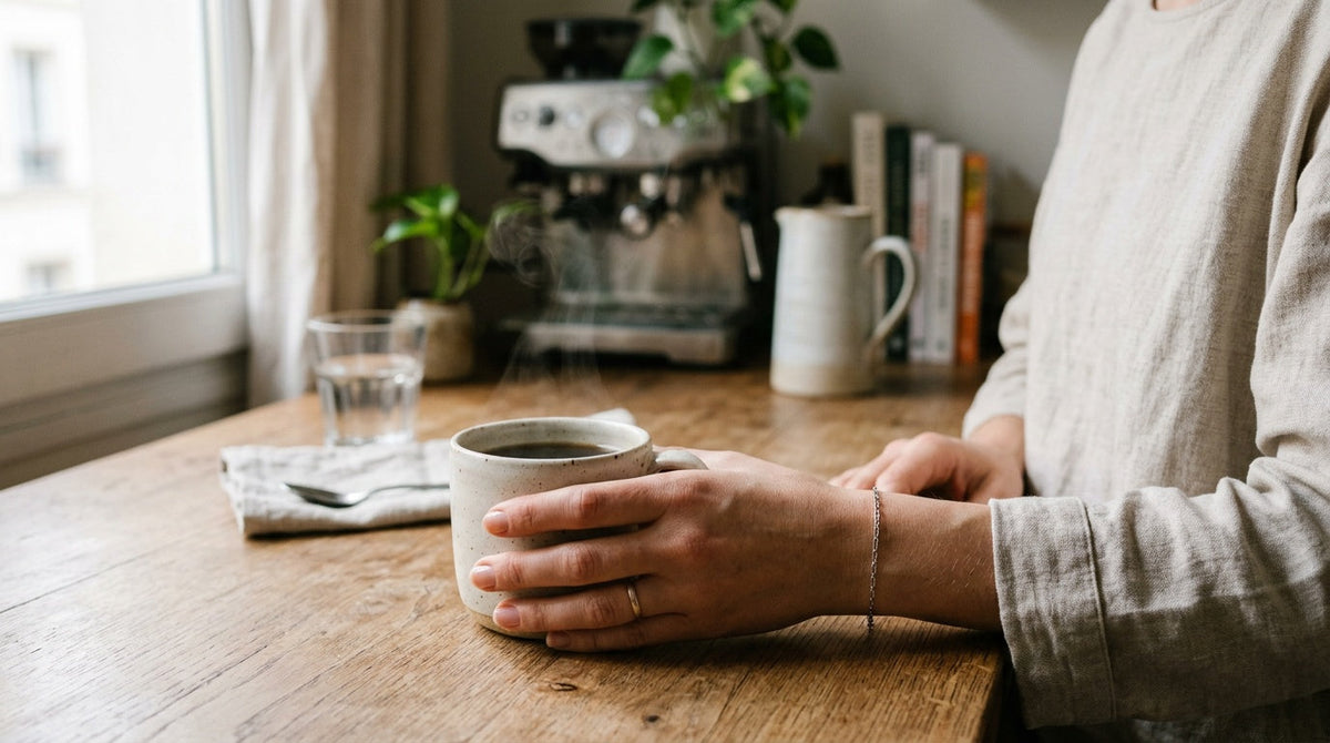 Main tenant une tasse de café le matin, bracelet fin discret visible au poignet Image