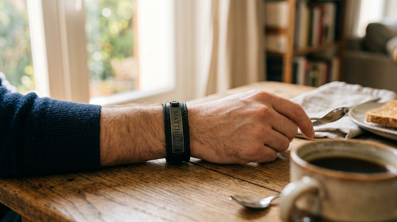 Bracelet en cuir gravé du prénom Matthieu, porté au poignet à la table du petit-déjeuner