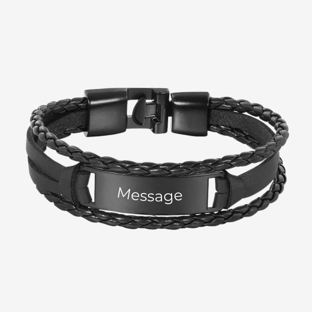 Bracelet cuir homme personnalisé noir, plaque gravée avec message personnalisé