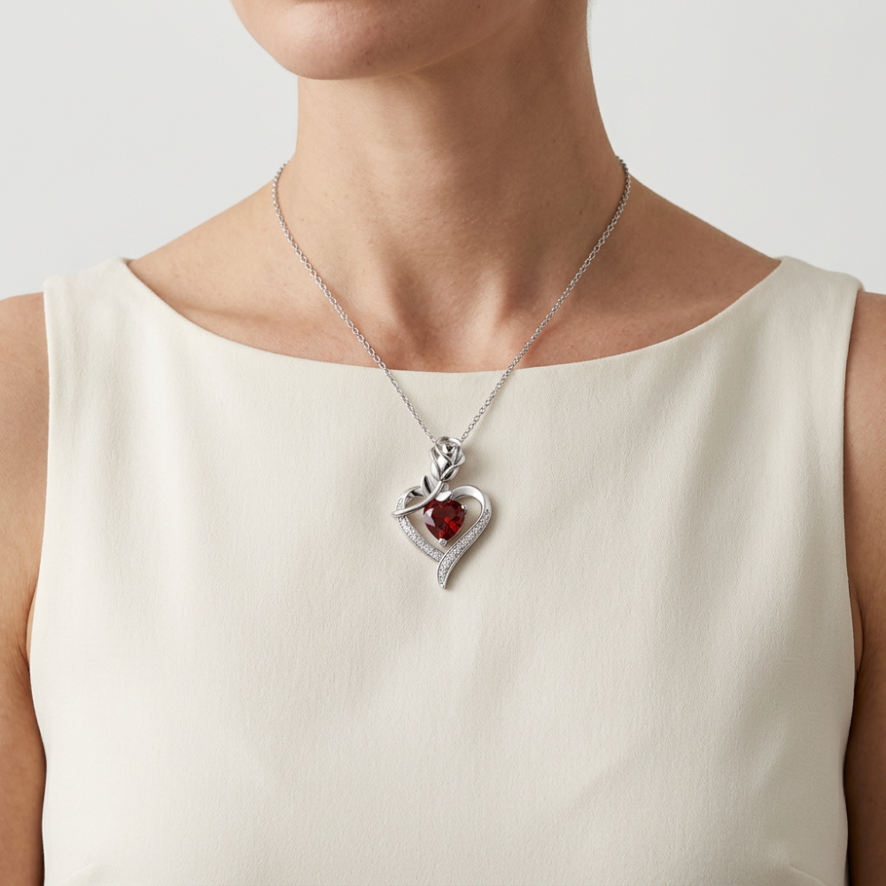 Coffret Cadeau Couple Collier Cœur Rouge Entouré de Rose