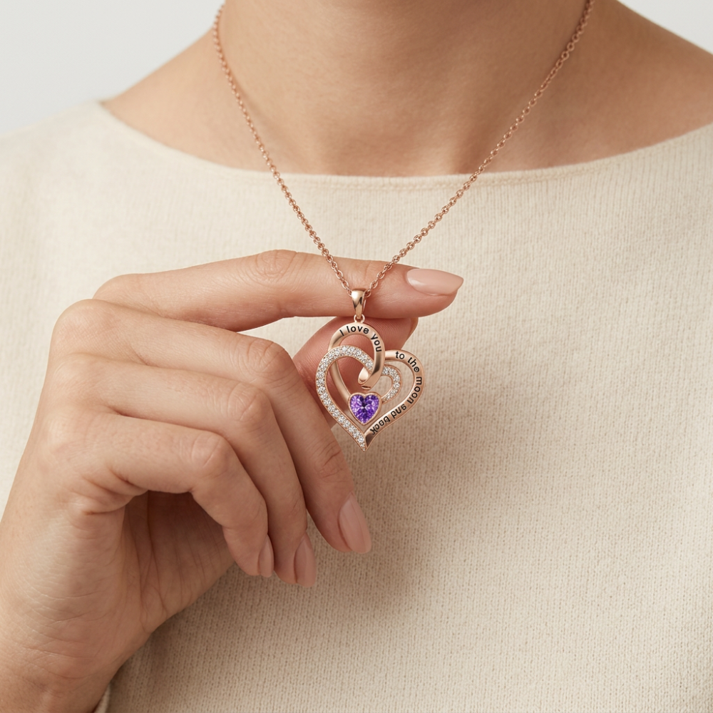 Coffret Cadeau Couple Collier Cœur avec Rose Violette en Cœur