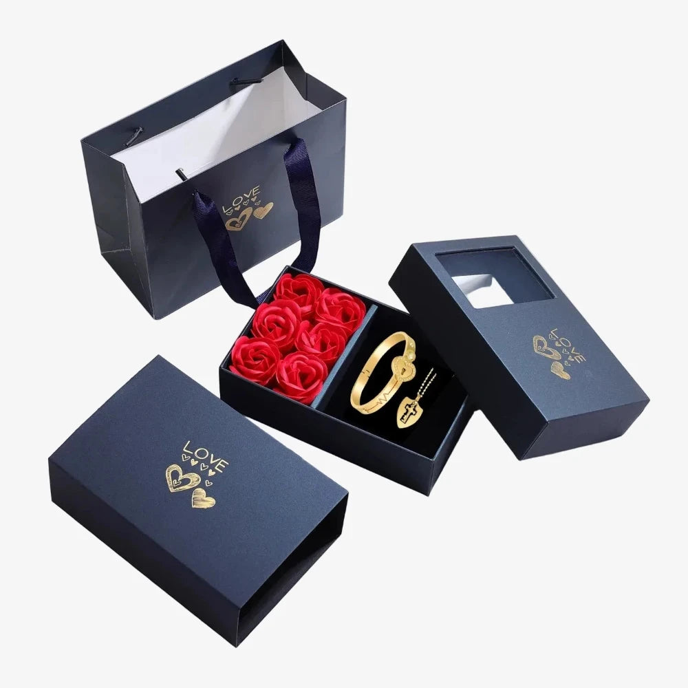 Coffret Cadeau Couple Rose Rouge Bracelet et Collier Cadenas - coffret