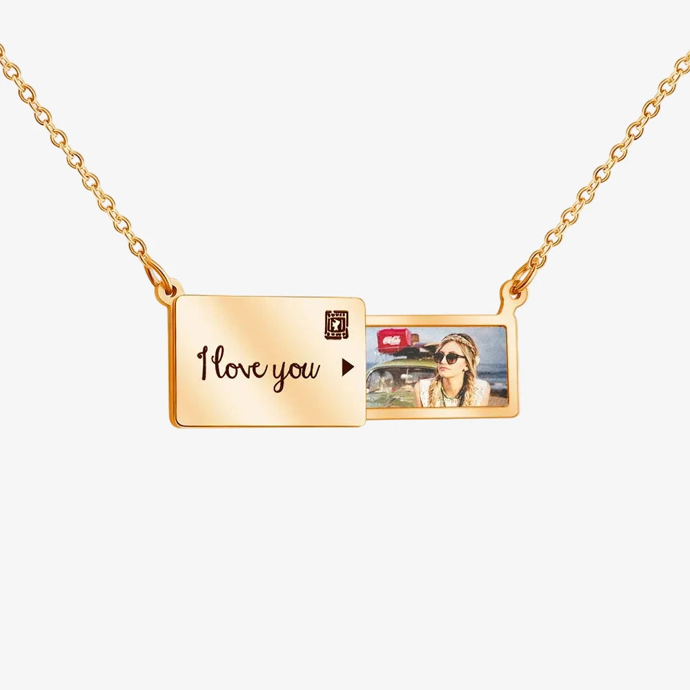 Collier avec photo personnalisé en or, plaque style pochette avec message et photo imprimée
