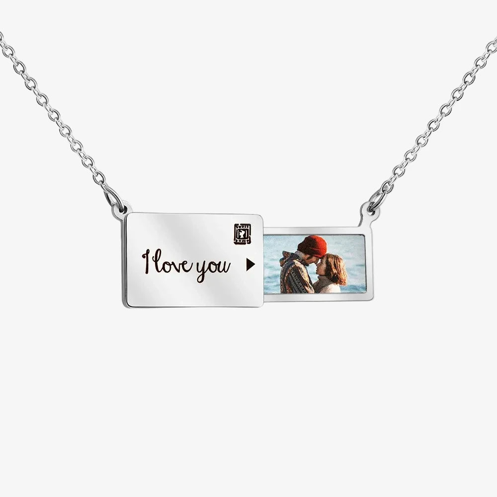 Collier avec photo personnalisé en argent, plaque avec message et photo de couple imprimée