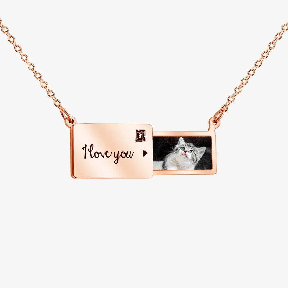 Collier avec photo personnalisé en or rose, plaque avec message et photo de chat imprimée