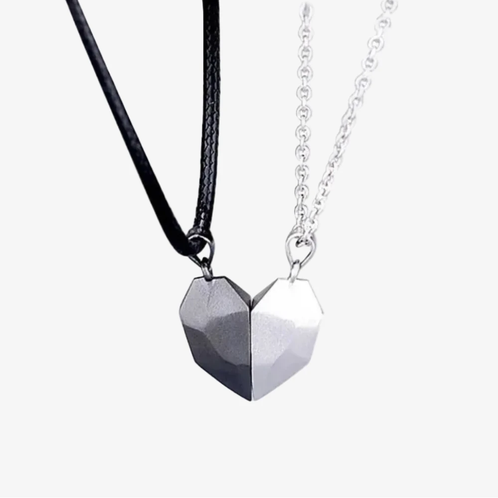 Collier cœur séparable couple, cœur facetté magnétique en deux moitiés cordon et chaîne
