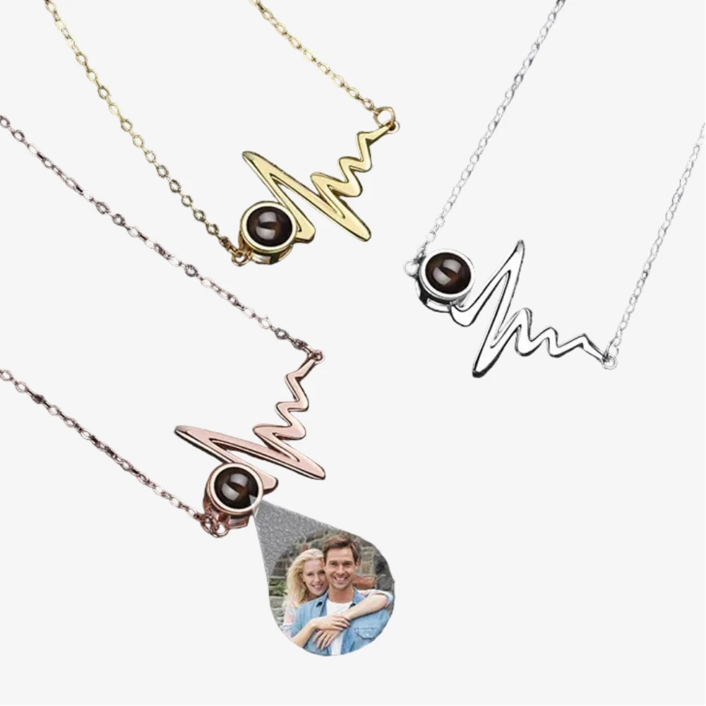 Collier photo projection en trois finitions or, argent et or rose, pendentif électrocardiogramme avec sphère de projection