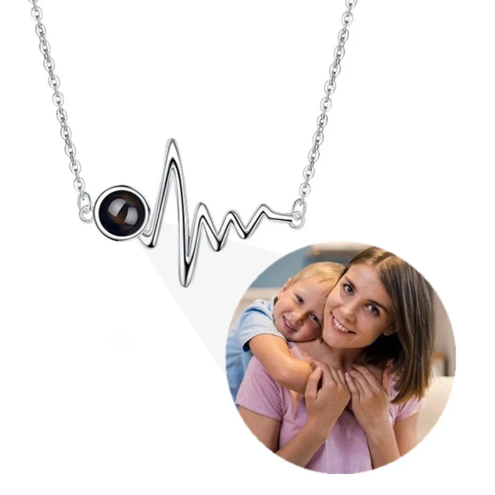 Collier photo projection en argent, pendentif électrocardiogramme avec photo mère et enfant