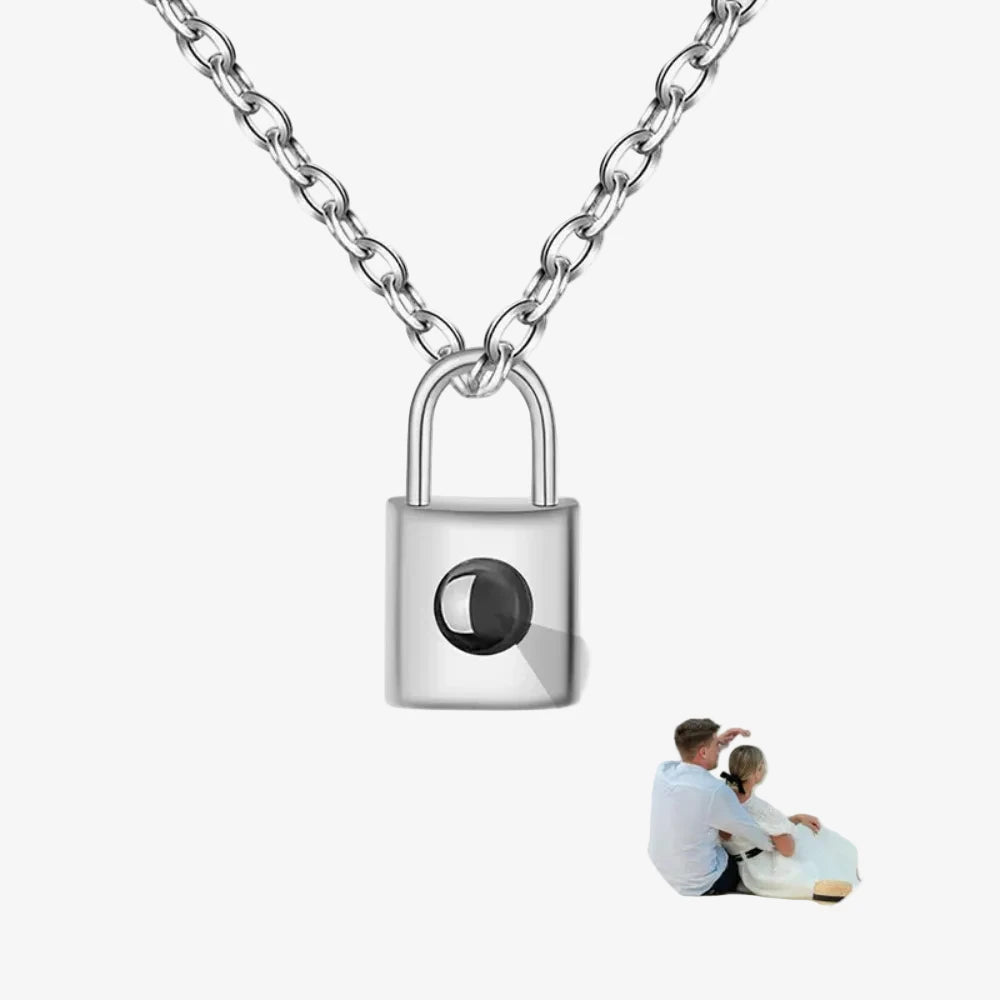 Collier photo projection cadenas en argent, pendentif cadenas avec sphère de projection