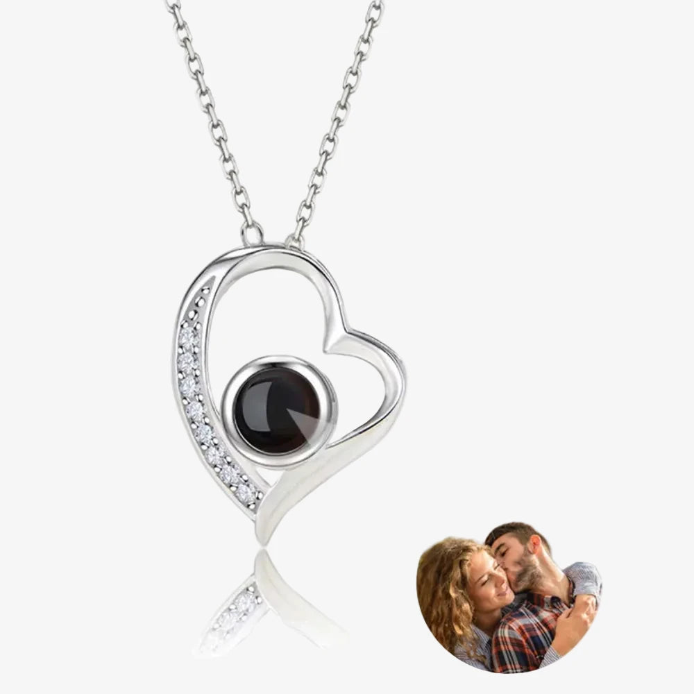 Collier photo projection cœur en argent, pendentif cœur asymétrique serti de zircons