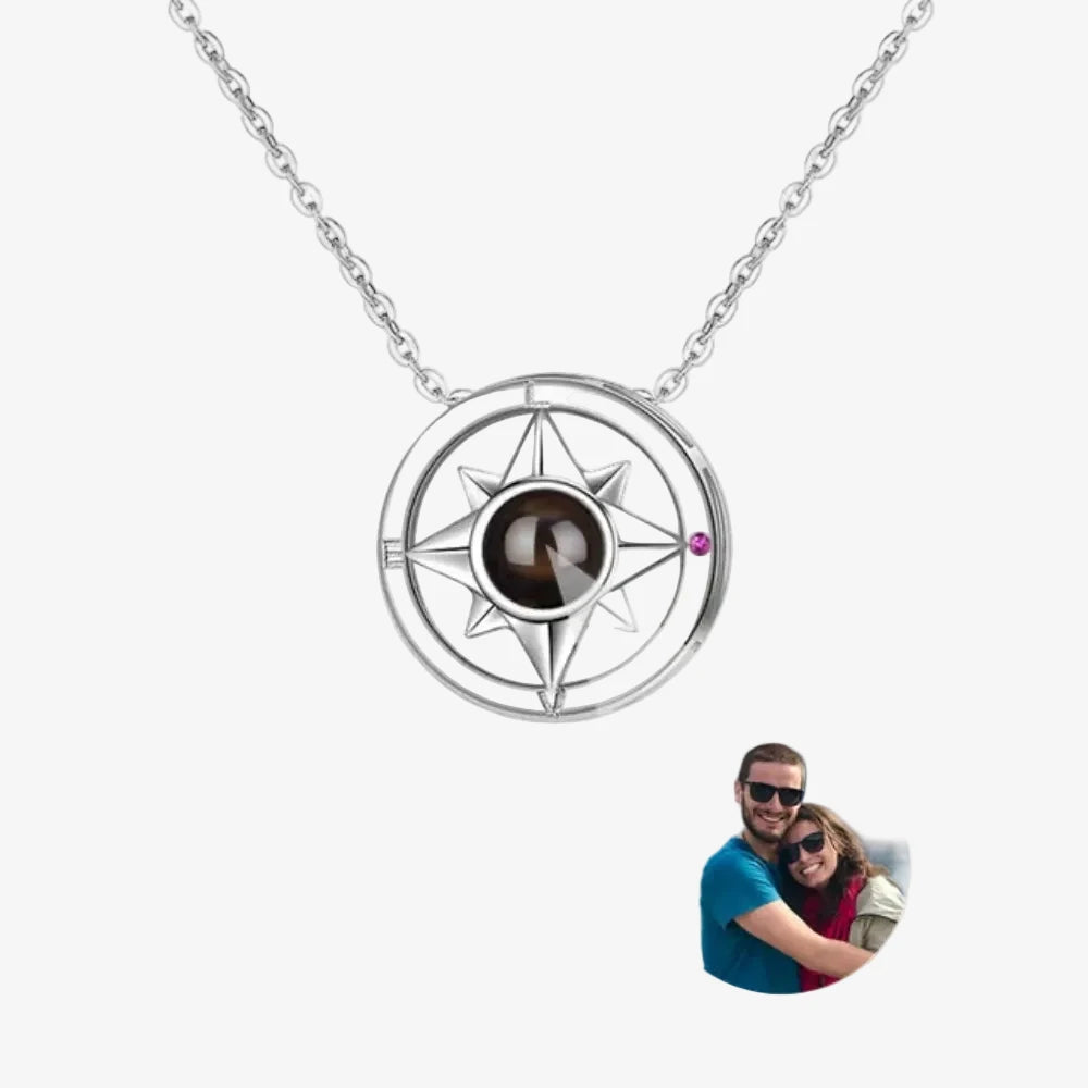 Collier photo projection rose des vents en argent, sphère de projection au centre du pendentif