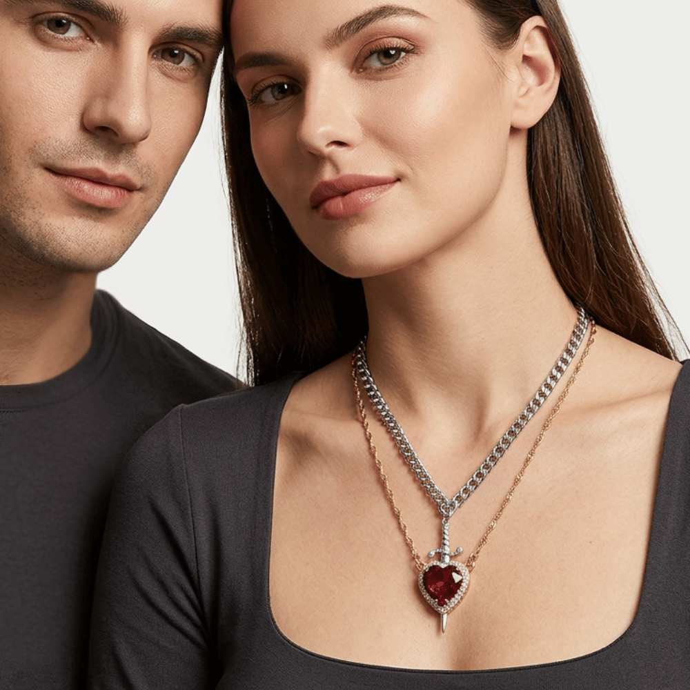 Collier pour couple cœur rouge porté au cou par une femme, couple posant ensemble