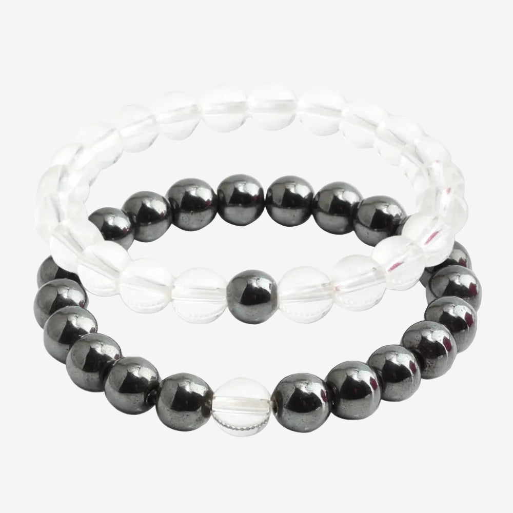bracelet couple compatible en perle transparante et grise mirroir