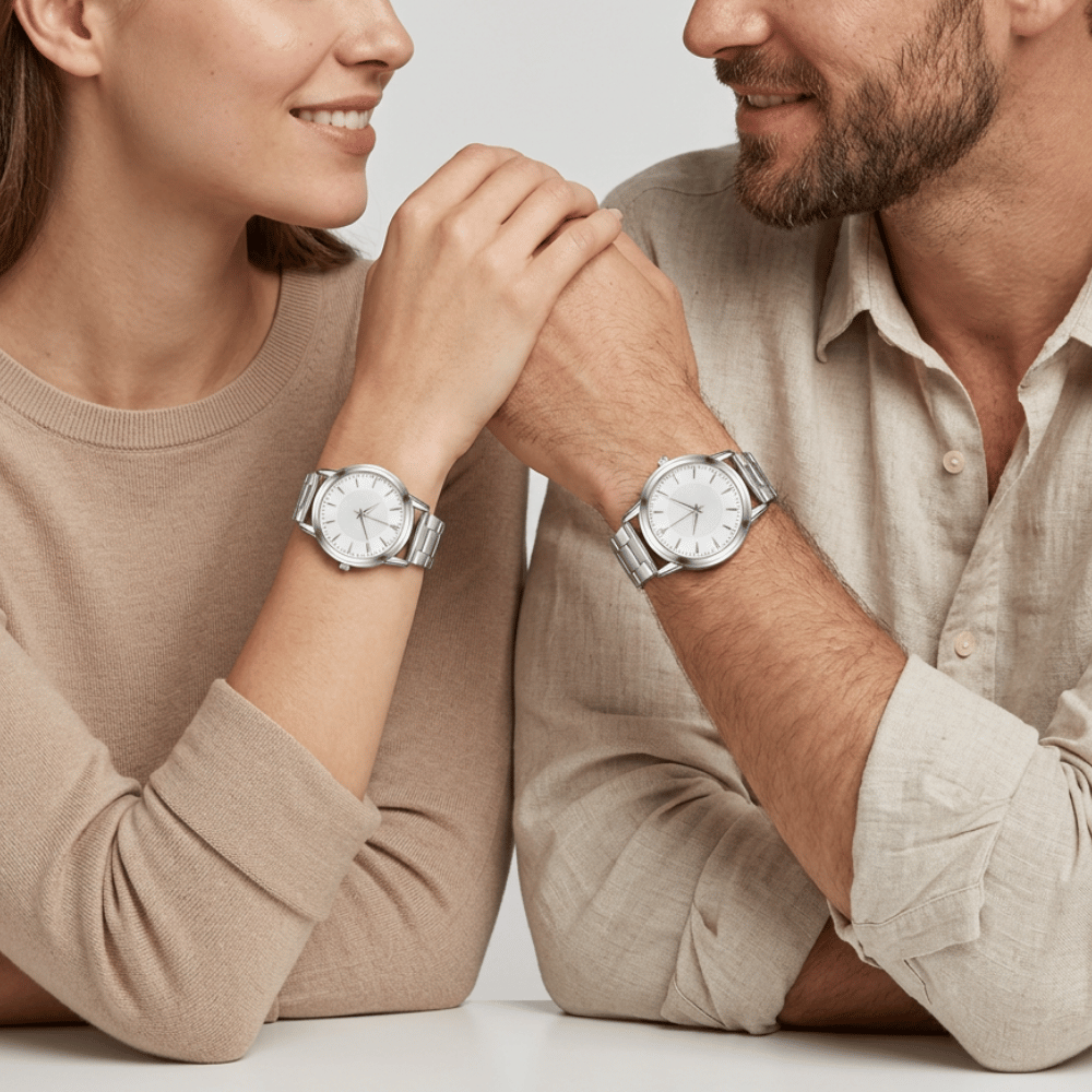 Montre couple argent portée par un homme et une femme