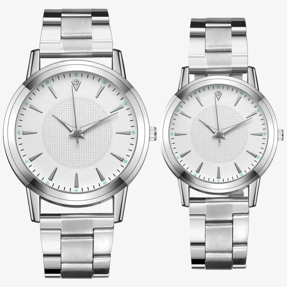 Montre couple argent, deux montres bracelet acier cadran clair sans chiffres