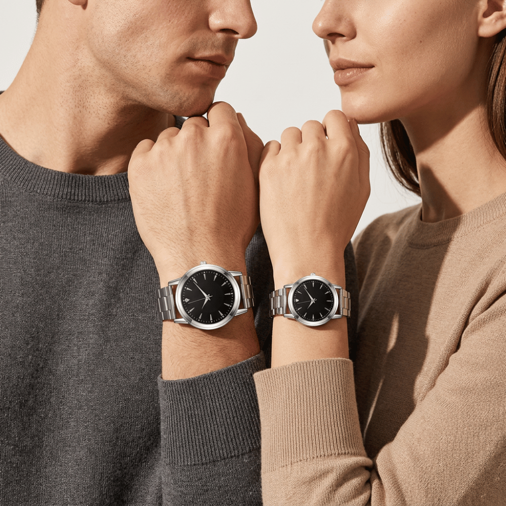 Montre couple argent fond noir portée par un homme et une femme