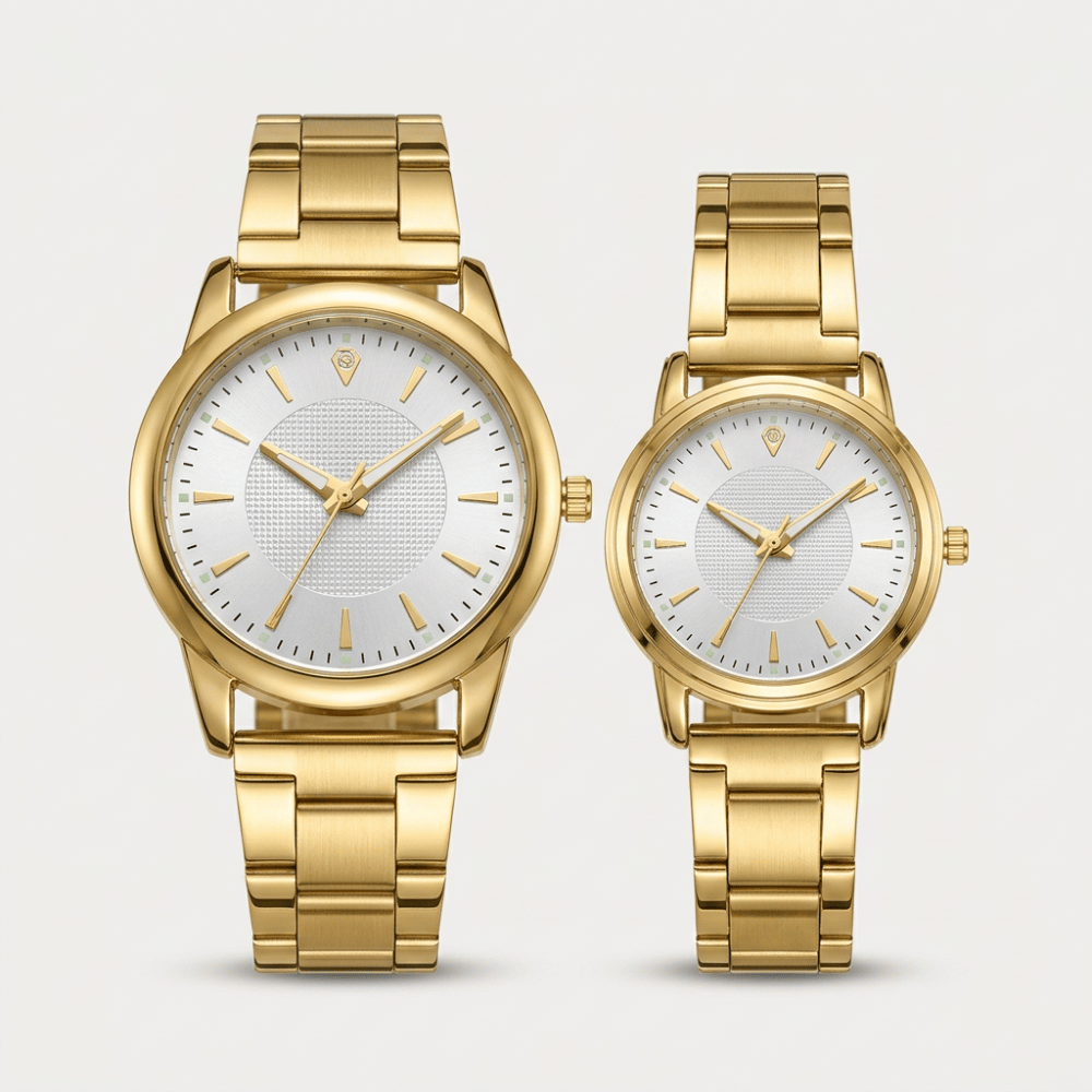 Montre couple dorée, deux montres bracelet doré cadran blanc épuré vue de face