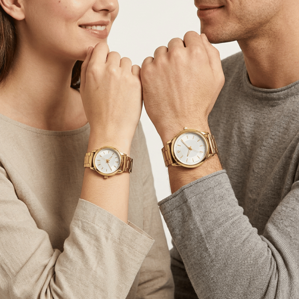 Montre couple dorée portée par un homme et une femme