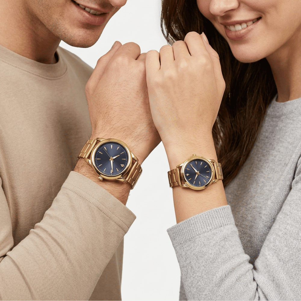 Montre couple dorée fond noir portée par un homme et une femme, cadran bleu marine