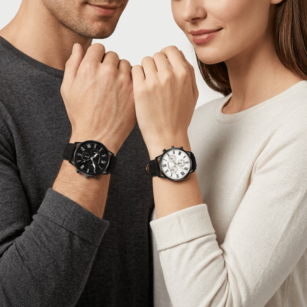 Montre couple Yin et Yang portée par un homme et une femme, cadrans noir et blanc