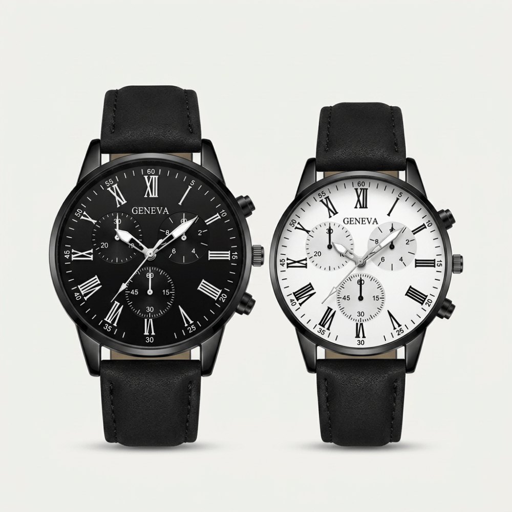 Montre couple Yin et Yang, cadrans noir et blanc chiffres romains, bracelets cuir noir