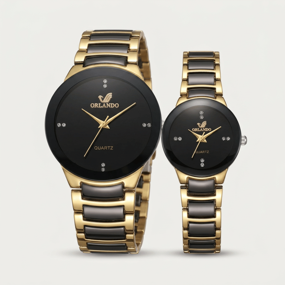 Montre pour couple dorée fond noir, deux montres bracelet métal doré et noir vue de face