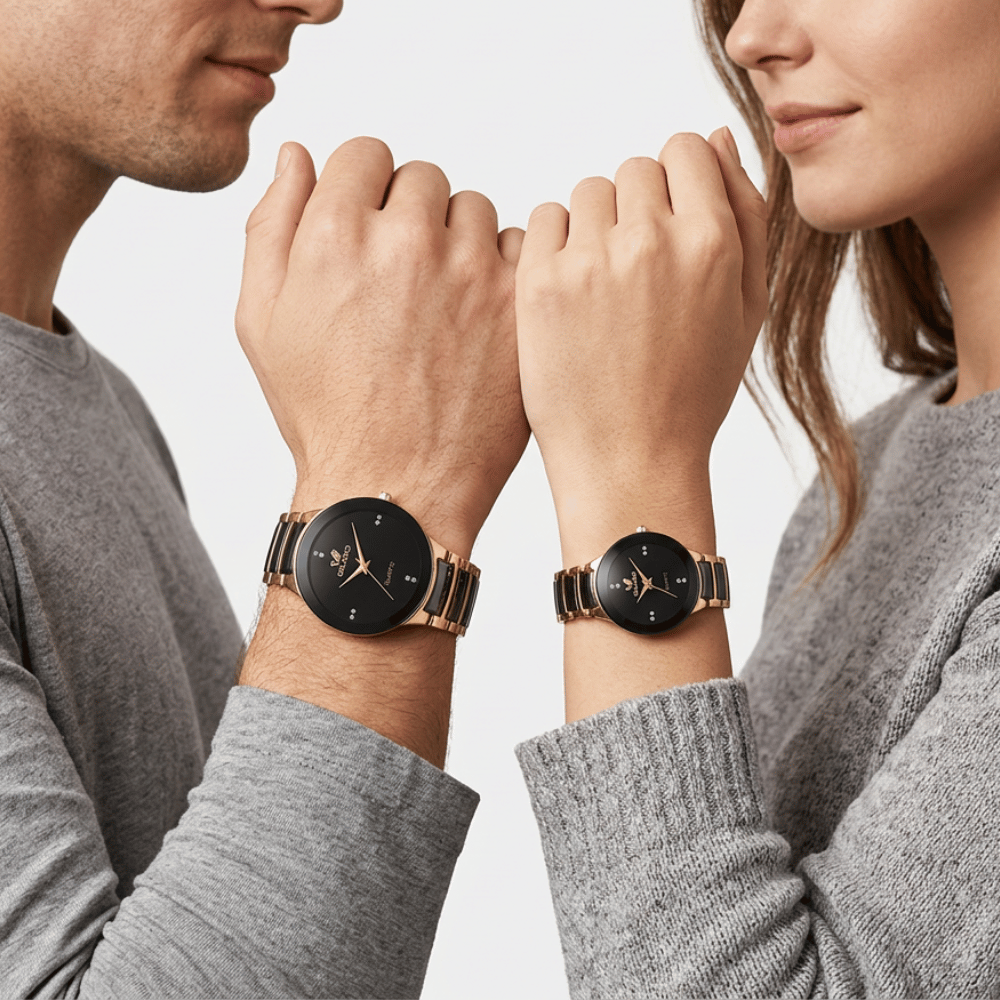 Montre pour couple dorée fond noir portée par un homme et une femme
