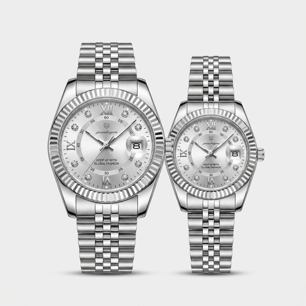 Montre de couple argent premium fond blanc, deux montres bracelet acier chiffres romains