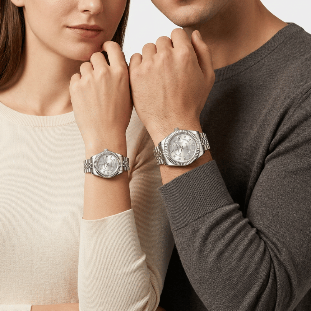 Montre de couple argent premium fond blanc portée par un homme et une femme