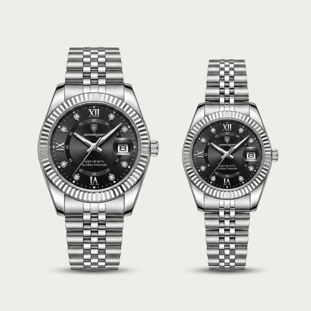 Montre de couple argent premium fond noir, deux montres bracelet acier chiffres romains
