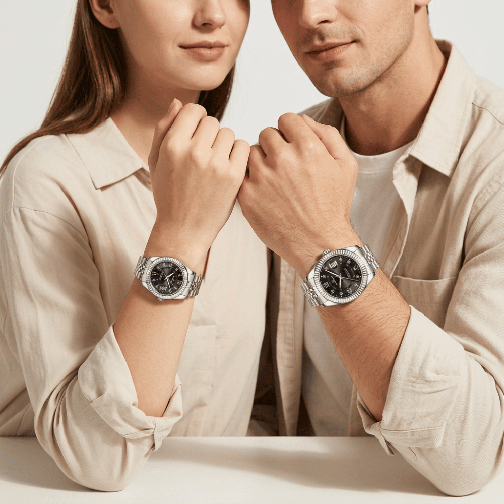 Montre de couple argent premium fond noir portée par un homme et une femme