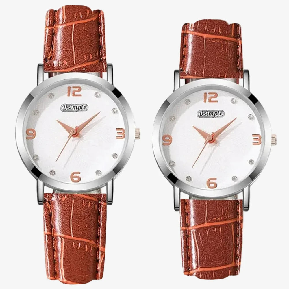 Montre de couple cuir marron, deux montres bracelet croco cadran blanc index sertis