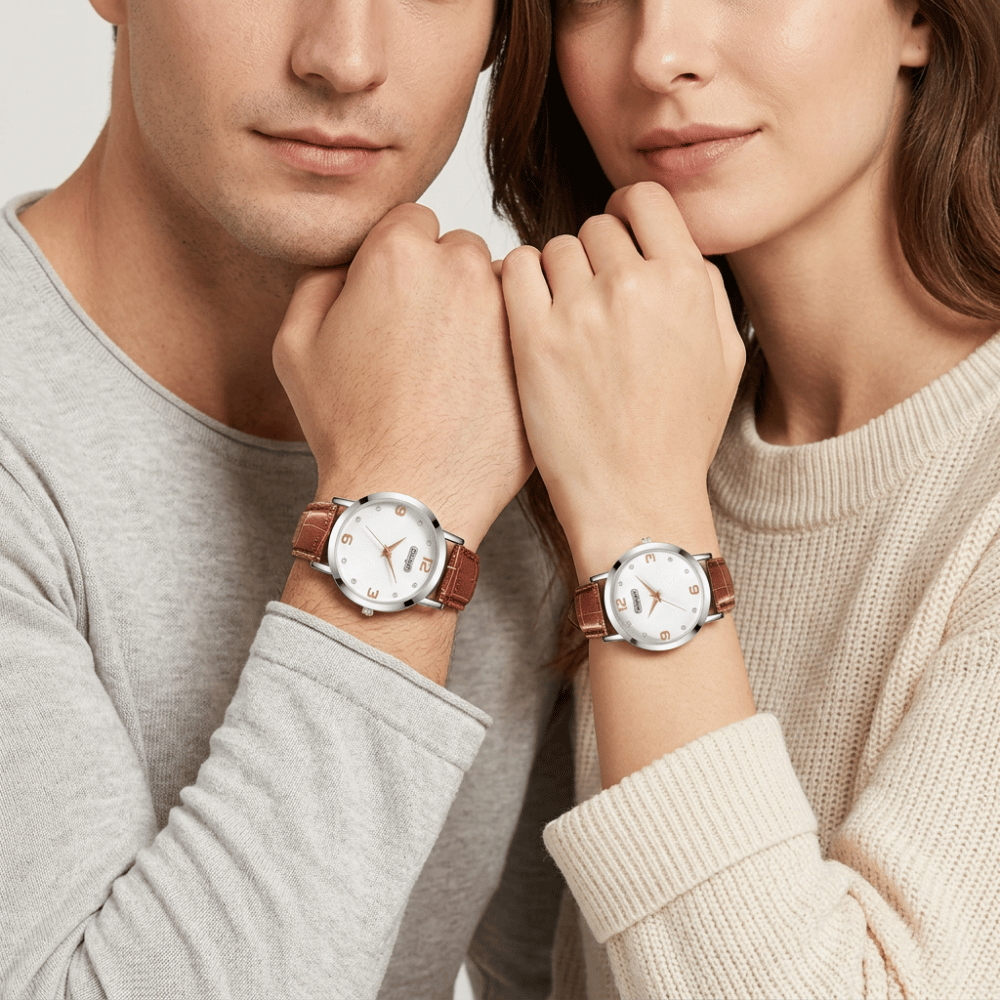 Montre de couple cuir marron portée par un homme et une femme