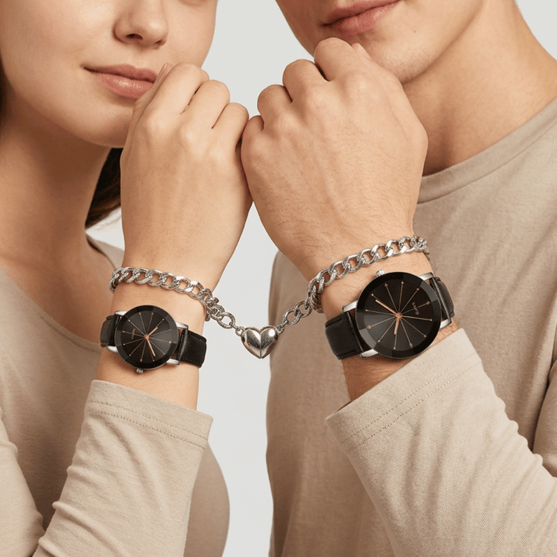 Montre et Bracelet Couple Noir