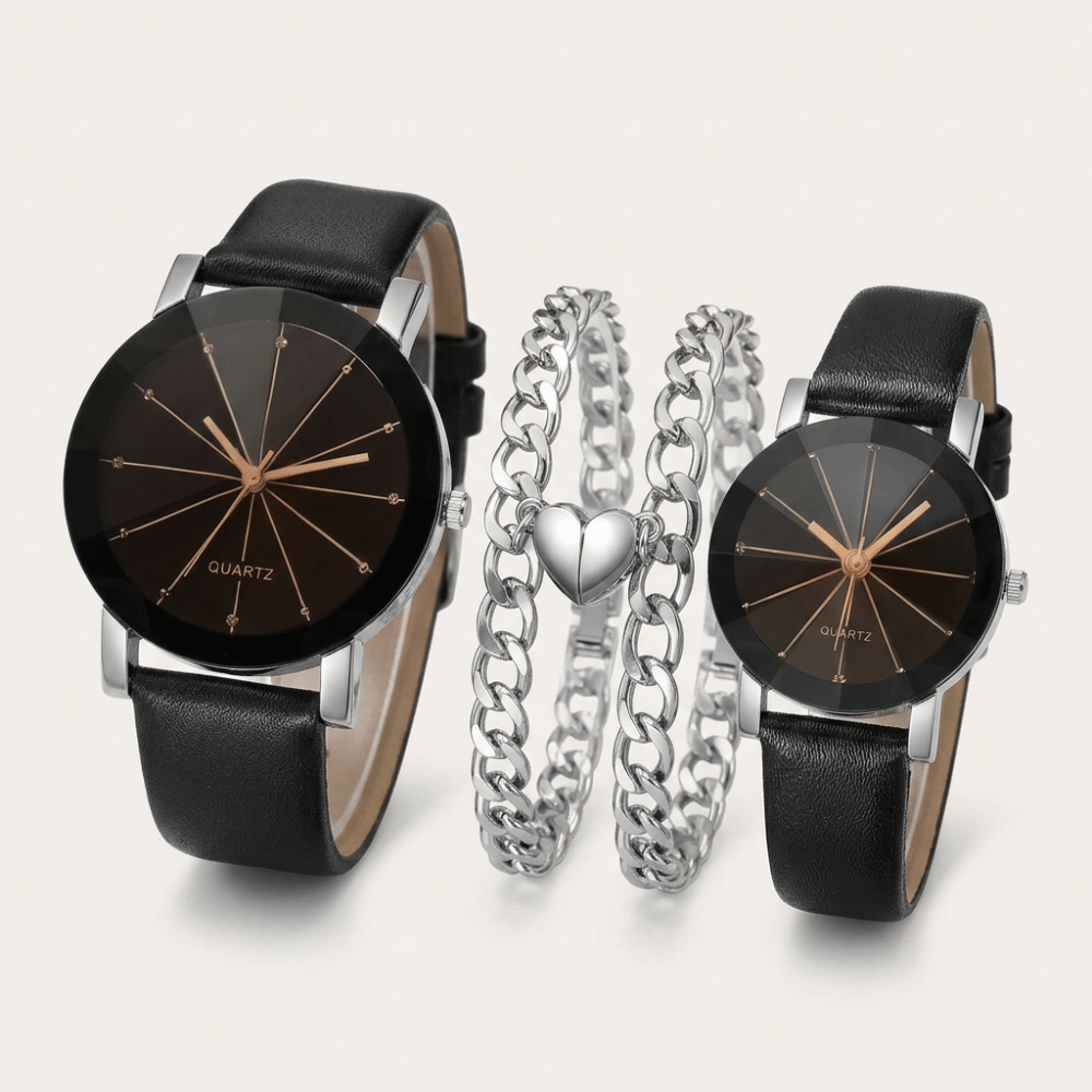 Montre et bracelet couple noir, set complet avec bracelet chaîne argenté charm cœur