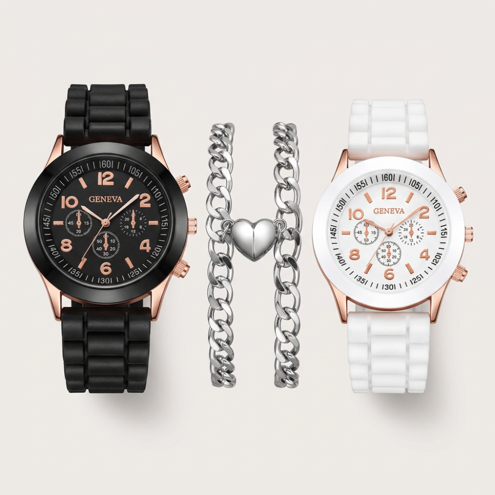 Montre et bracelet de couple noir et blanc, set silicone avec bracelet chaîne cœur