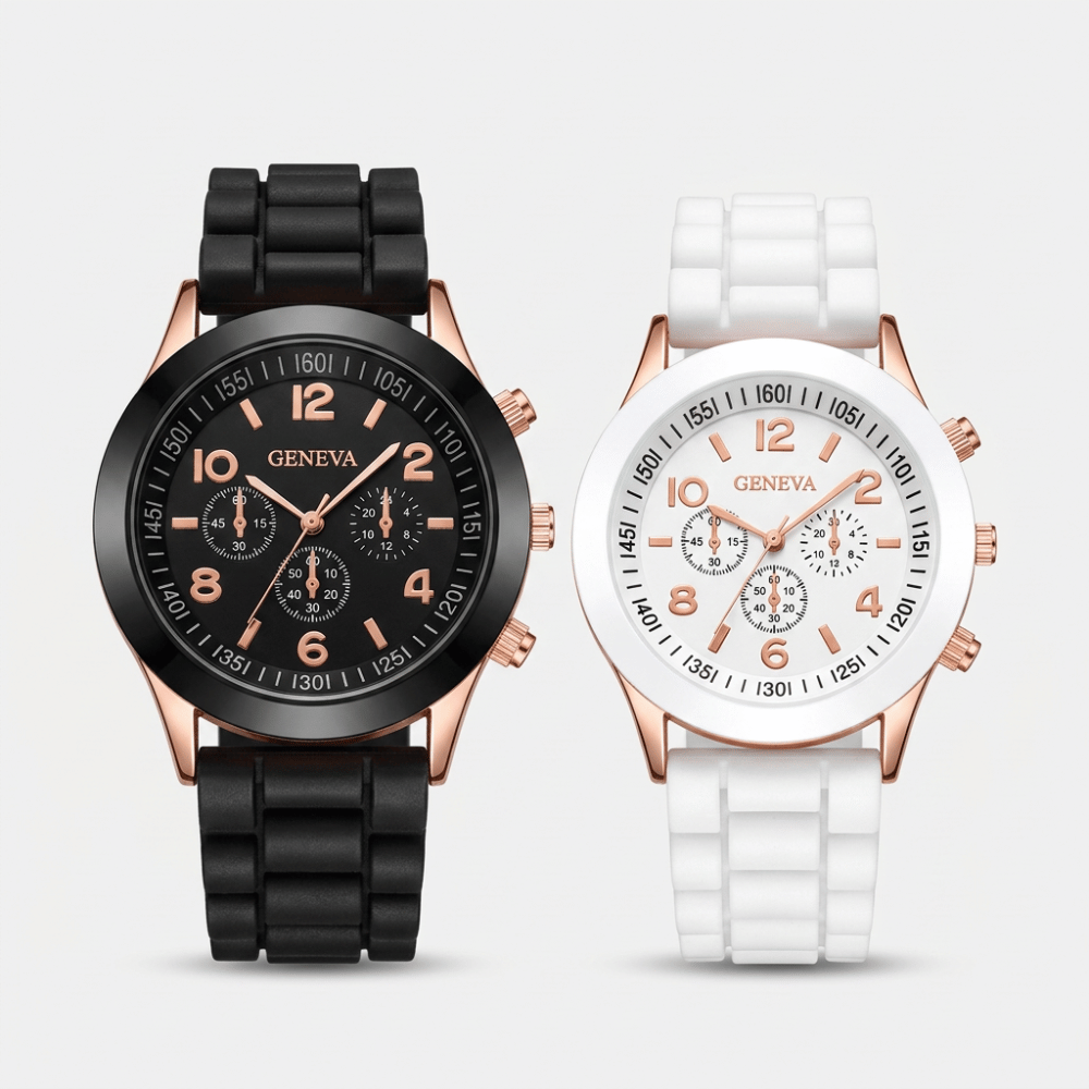 Montre et bracelet de couple noir et blanc, duo de montres silicone chiffres arabes
