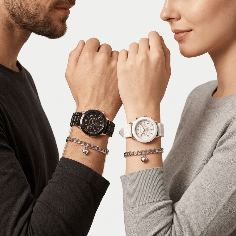 Montre et bracelet de couple noir et blanc portés par un homme et une femme