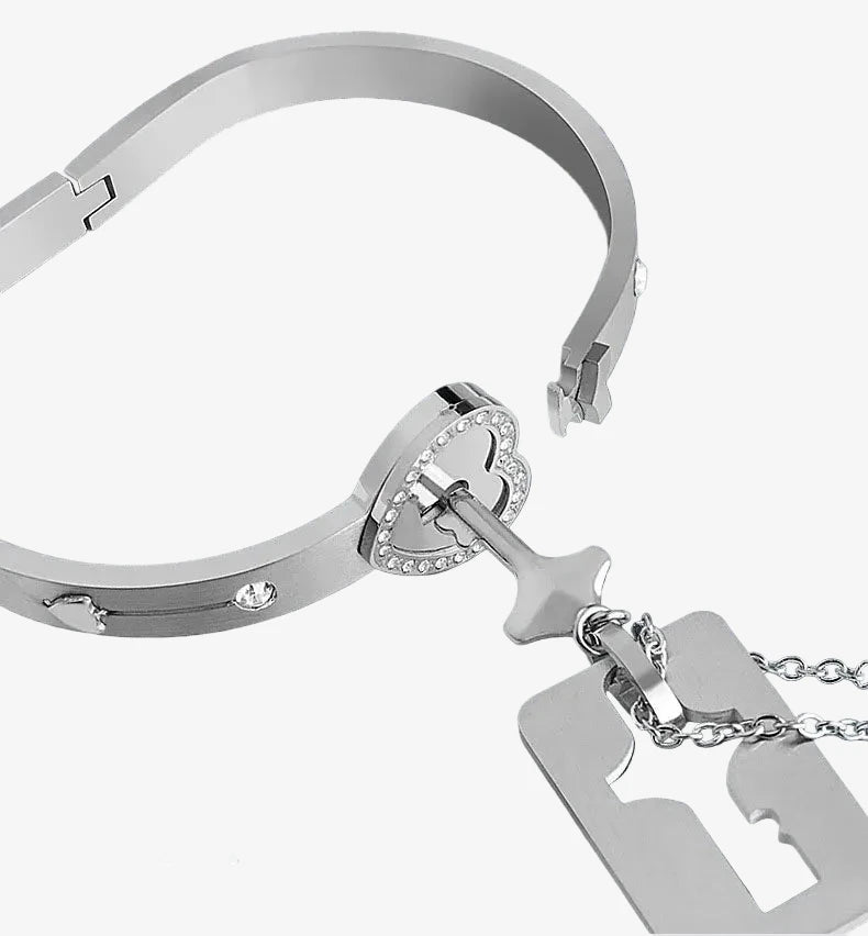 Coffret Cadeau Couple Rose Rouge Bracelet et Collier Cadenas