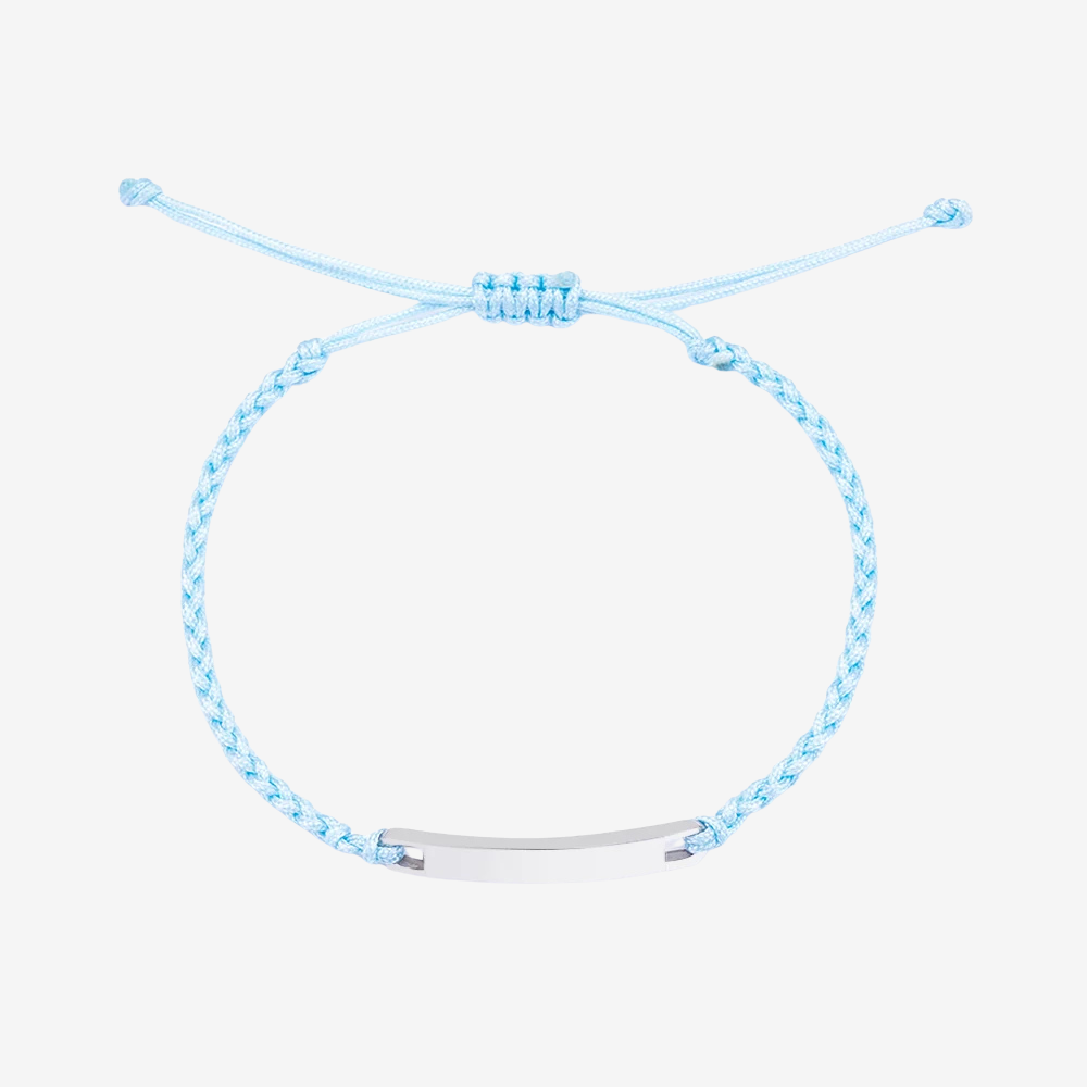 Bracelet couple distance en coton bleu ciel, plaque argentée gravable et cordon ajustable